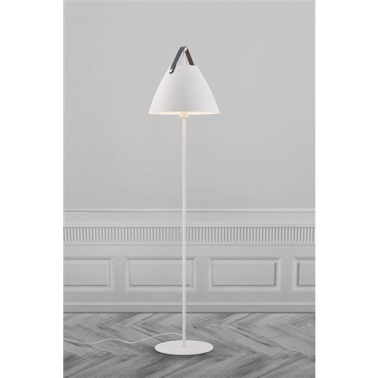 Nordlux Strap floor lamp by Nordlux, white metal, 360 mm shade, E27 socket, leather strap, IP20