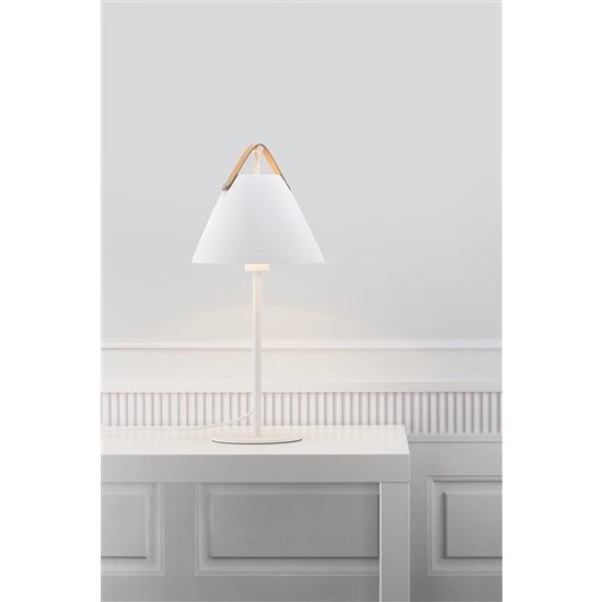 Nordlux Lampe de table Strap noire, métal avec lanière en cuir, culot E27 (ampoule non incluse), 55 cm de haut, abat-jour Ø25 cm