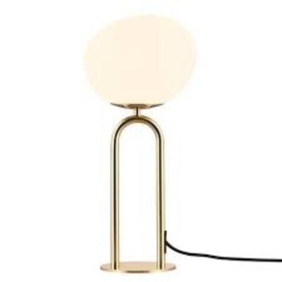 Deens Design tafellamp met kap in wit opaalglas en voet in messing, E27-fitting, IP20, hoogte 47 cm, kabellengte 250 cm