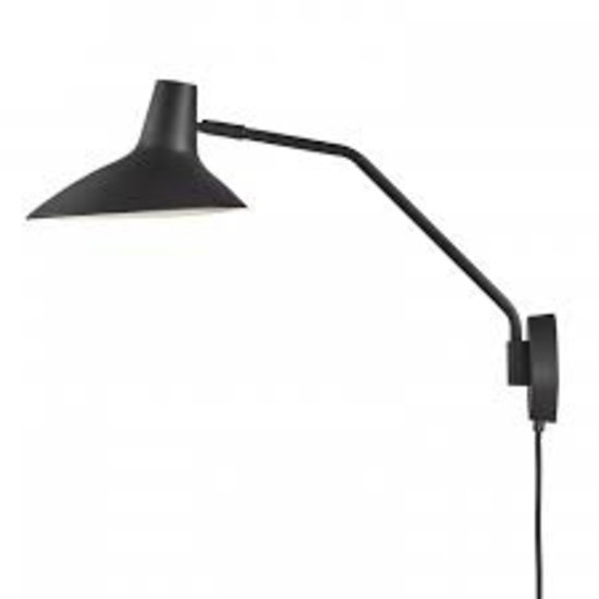 Industriële wandlamp zwart met E14-fitting, metalen behuizing, zwarte textielkabel van 180 cm en afmetingen 55 x 23 x 36,5 cm