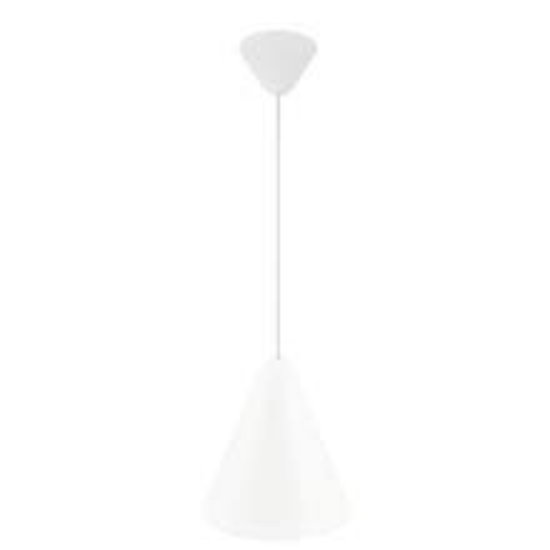 Hanglamp in Deens design, geometrisch gevormd, wit metaal met kunststof details, E27 fitting max 40W
