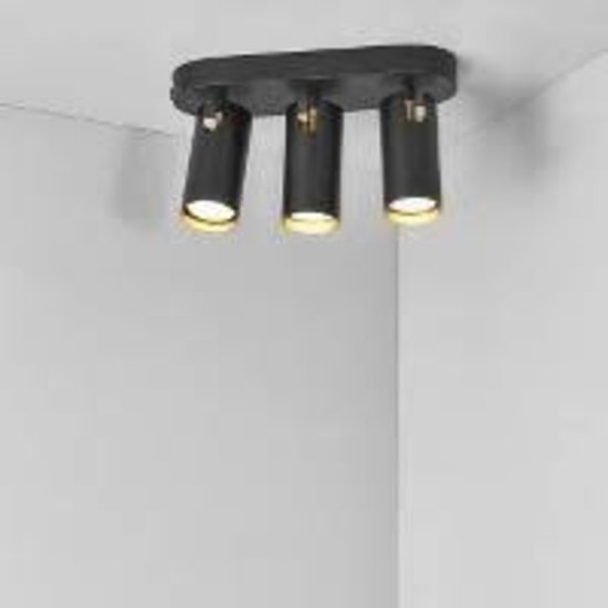 3-spot plafondlamp in zwart metaal met GU10 fitting, max. 25W per spot, IP20, klasse 2, lichtbron niet inbegrepen