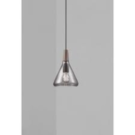 Hanglamp met geolied walnoten top, gerookt glazen kap en E27-fitting, max. 40W, lichtbron niet inbegrepen