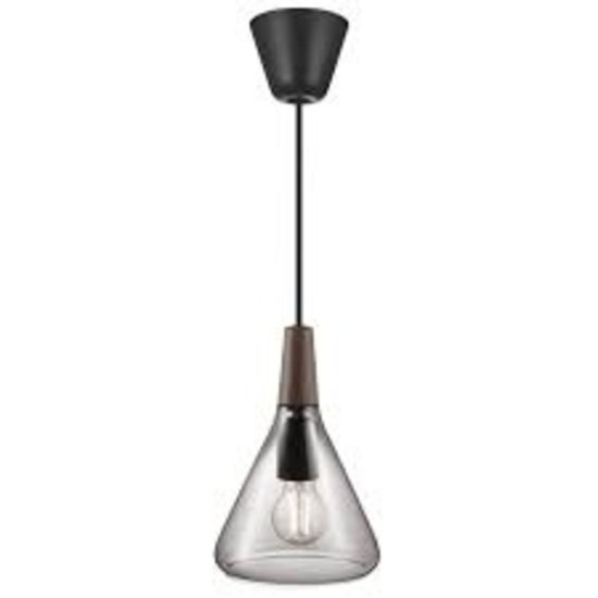 Pendelleuchte mit geölter Nussbaumplatte, Rauchglasschirm und E27-Fassung, max. 40W, Leuchtmittel nicht enthalten