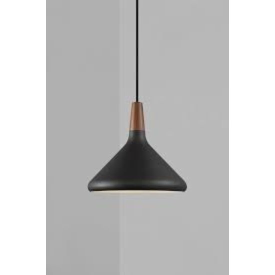 Hanglamp met zwart metalen frame en FSC-gecertificeerde geolied notenhouten top, E27 fitting, dimbaar met compatibele lamp