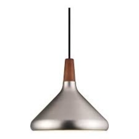 Lámpara colgante en acero cepillado con tapa de nogal aceitado certificado FSC - casquillo E27, regulable, altura 24,5 cm, diámetro 27 cm