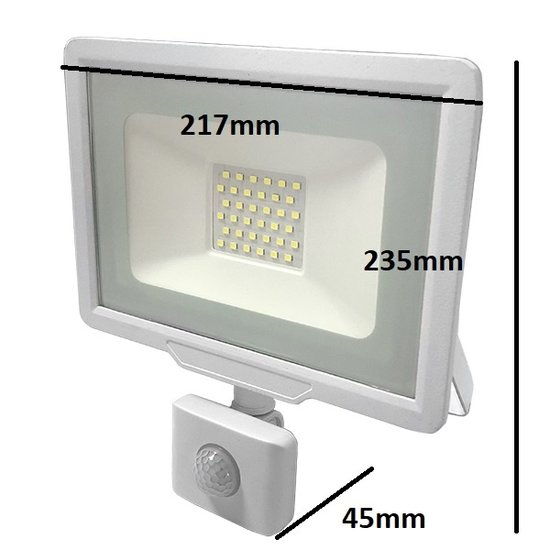 City Line LED floodlight 50W SMD white IP65 with motion sensor. 4000 lumens, 120° beam, aluminium housing.