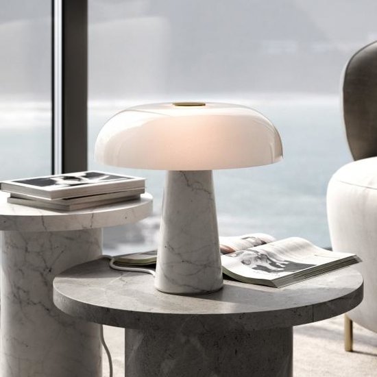 Lampe de table avec pied en marbre et abat-jour en verre blanc opale, douille E27 max 15W, 32 x 32 cm, IP20