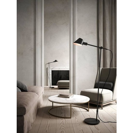 Lámpara de pie de diseño moderno y minimalista, 129 cm de altura, metal con aluminio, negro, casquillo E27 (bombilla no incluida)