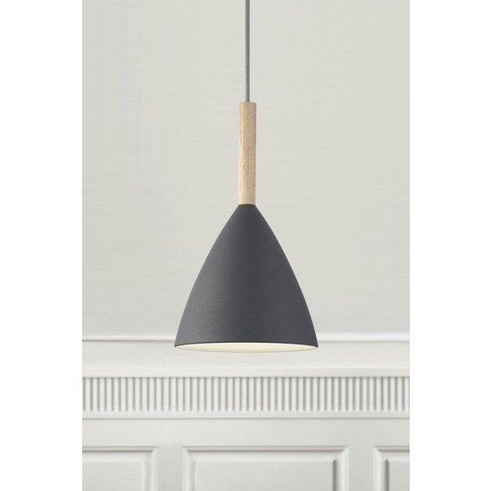 Lámpara colgante con pantalla gris de metal y detalles de madera, casquillo E27 (bombilla no incl.), regulable, IP20, altura 35 cm