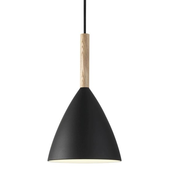 Schwarze Pendelleuchte aus Metall mit Holzdetails, E27-Fassung max. 40W, dimmbar mit passender Lampe, Kabel 300 cm