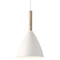 Weiße Pendelleuchte mit Metallrahmen und Holzdetail, E27-Fassung max. 40W, Ø20 cm, H35 cm, IP20, dimmbar mit kompatibler Lampe