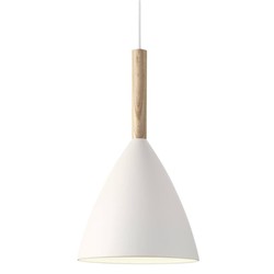 Hanglamp wit, metaal en hout, E27 fitting, Ø20 cm, H35 cm
