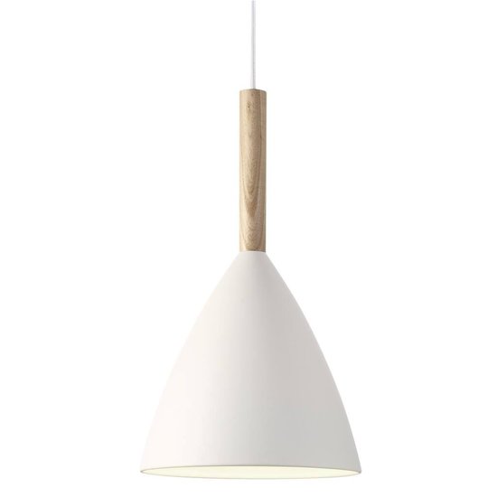 Suspension blanche avec structure métallique et détail bois, douille E27 max. 40W, Ø20 cm, H35 cm, IP20, gradable avec ampoule compatible