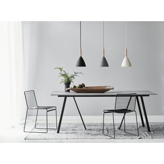 Suspension blanche avec structure métallique et détail bois, douille E27 max. 40W, Ø20 cm, H35 cm, IP20, gradable avec ampoule compatible