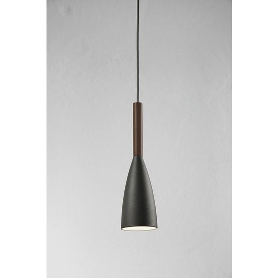 Hanglamp grijs met metalen body en houten detail, E27 fitting, max. 40W, IP20, hoogte 35 cm