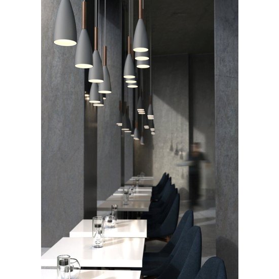 Hanglamp grijs met metalen body en houten detail, E27 fitting, max. 40W, IP20, hoogte 35 cm