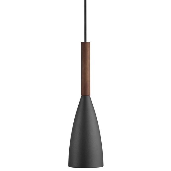 Pendelleuchte aus schwarzem Metall mit Holzdetail, E27-Fassung, max. 40W, Höhe 35 cm, Schirm Ø10 cm, dimmbar mit passender Lampe