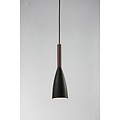 Pendelleuchte aus schwarzem Metall mit Holzdetail, E27-Fassung, max. 40W, Höhe 35 cm, Schirm Ø10 cm, dimmbar mit passender Lampe
