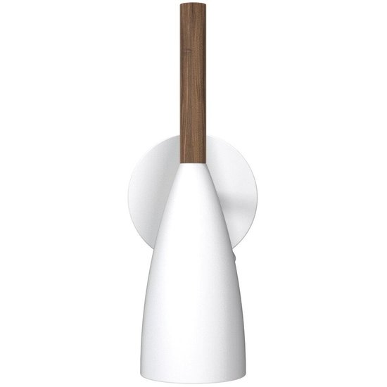 Verstelbare cilindrische wandlamp in wit metaal met houten detail, GU10 fitting max. 8W, dimbaar
