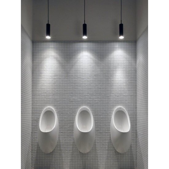 Zylindrische Deckenleuchte aus schwarzem Metall, GU10-Fassung max. 8W, verstellbare Hängehöhe 300 cm, dimmbar, IP20