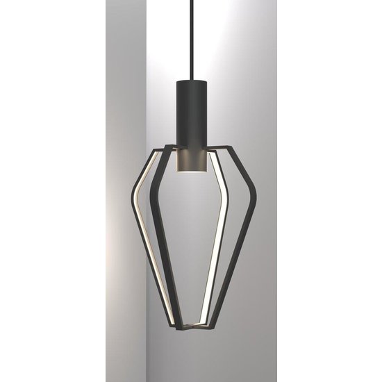 Design hanglamp met 4 GU10-lichtpunten, dimbaar, zwarte metalen kap, hoogte 47,5 cm, kapdiameter 27,5 cm, IP20.