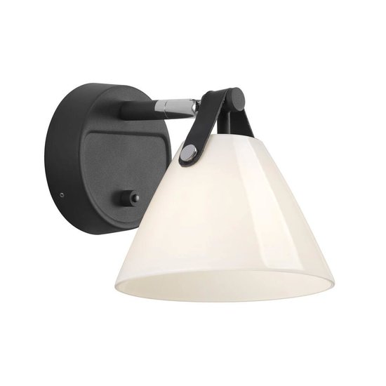Lámpara de pared negra con pantalla de vidrio blanco ópalo y detalle en cuero, casquillo G9 max 28W, altura 17 cm, IP20