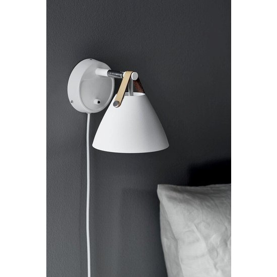 Applique murale industrielle en métal et cuir, blanc, GU10 (ampoule non incluse), hauteur 17 cm, abat-jour Ø16,5 cm, gradable