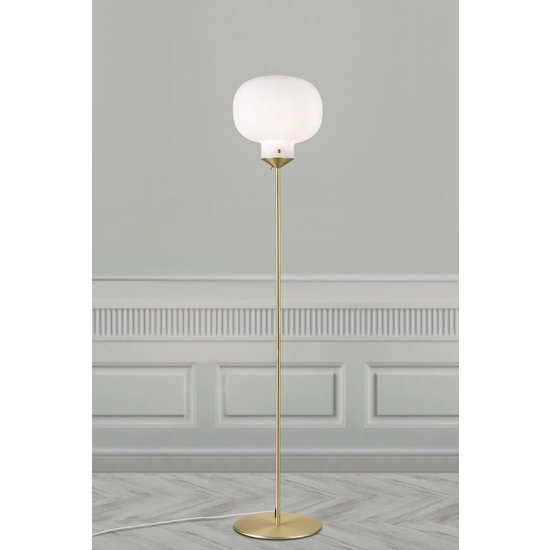 Floor lamp with opal white glass shade and metal base, E27 socket, max 15W, bulb not included, 150 cm tall, IP20
