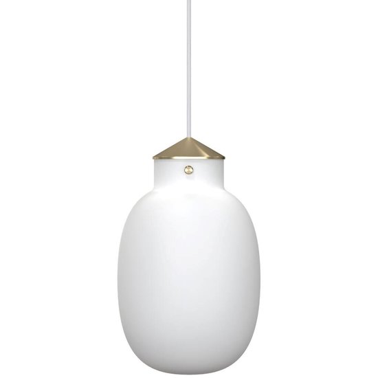 Lámpara colgante ovalada de vidrio blanco ópalo, detalles metálicos, portalámparas E27, regulable, Ø22,5 cm, cable 300 cm