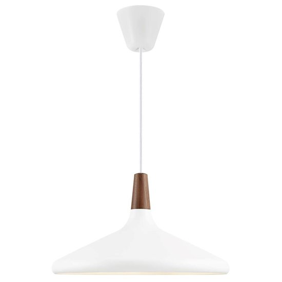 Hängelampe mit FSC-zertifizierter geölter Nussbaumplatte, Ø39 cm, weißer Metallrahmen, E27-Fassung, IP20
