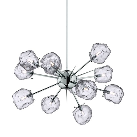 Lámpara colgante Rock forma estrella, 12 x G9 cromo con cristal, diámetro 930 mm, altura regulable 620-1420 mm, sin bombilla