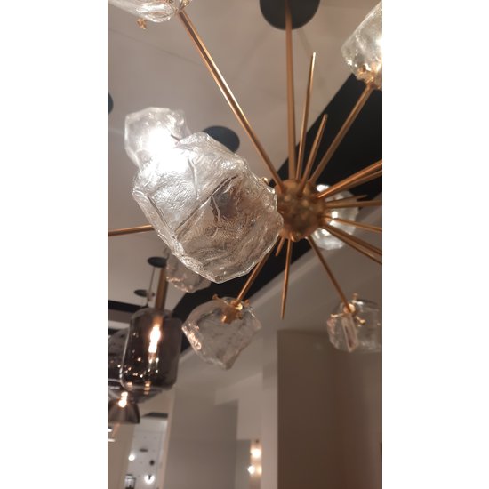 Rock pendant lamp with 12 G9 arms in gold metal, glass rock-shaped blocks, adjustable height 620-1420 mm, Ø930 mm