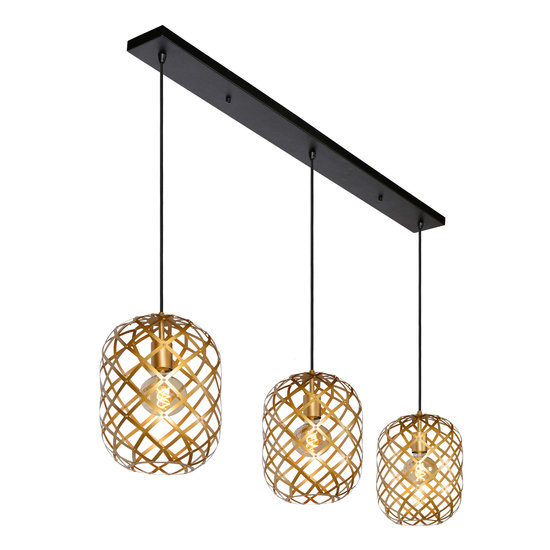 Long oval pendant lamp, 3 pieces of 25 cm Ø, 3xE27, matte gold/brass