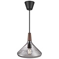 Lámpara colgante con tapa de nogal aceitado certificado FSC y pantalla de vidrio ahumado, casquillo E27 máx. 60W, regulable con bombilla compatible