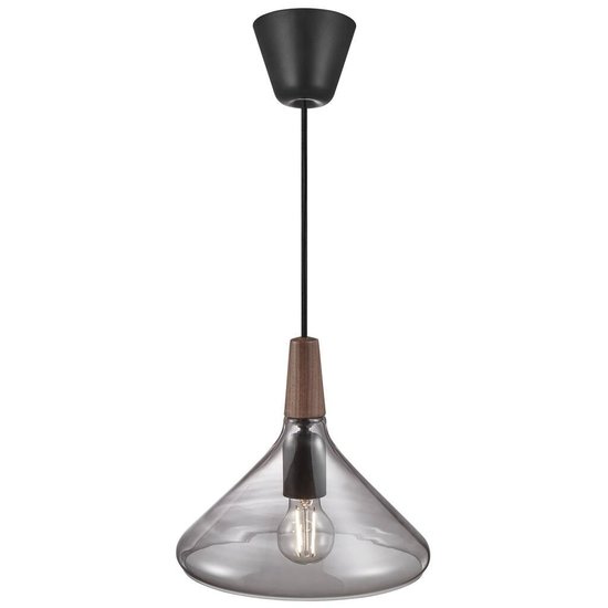 Hanglamp met top van geolied walnotenhout (FSC) en lampenkap van gerookt glas, fitting E27 max. 60W, dimbaar met compatibele lamp