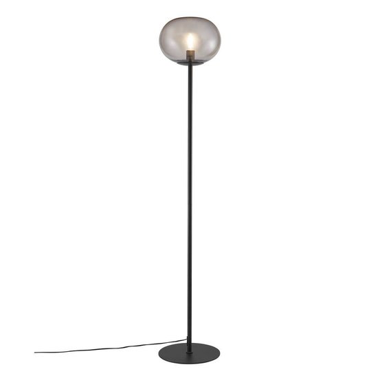 Lámpara de pie Alton 28 con pantalla esférica de cristal ahumado, base de metal negro, E27 máx. 25W, altura 150 cm