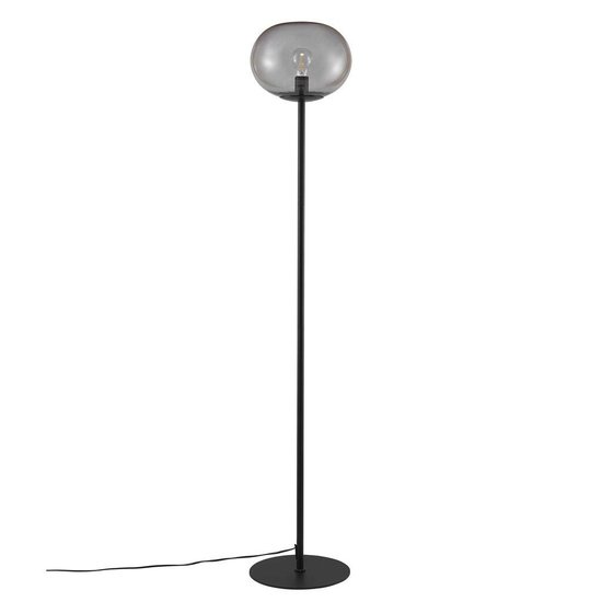 Lámpara de pie Alton 28 con pantalla esférica de cristal ahumado, base de metal negro, E27 máx. 25W, altura 150 cm
