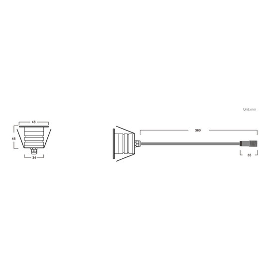 Kleiner Einbaustrahler IP67, Durchmesser 48 mm, IP67 10 bis 30 V, Weitwinkel 90°