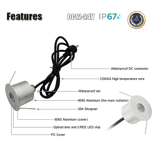 Petit spot encastrable IP67 diamètre 35mm IP67 10 à 30V angle étroit 30°