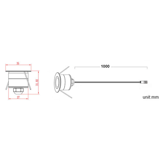 Kleiner Einbaustrahler IP67, Durchmesser 35 mm, IP67 10 bis 30 V, schmaler Winkel 30°