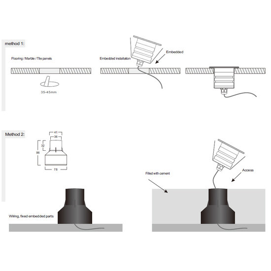 Mini-Einbauspot aus Edelstahl, quadratisch, IP67, Durchmesser 45 mm, IP67 von 10 bis 30 VDC