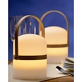 Handliche Frühlings- und Sommer-Außentischlampe in Weiß mit Naturholz