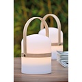 Handliche Frühlings- und Sommer-Außentischlampe in Weiß mit Naturholz