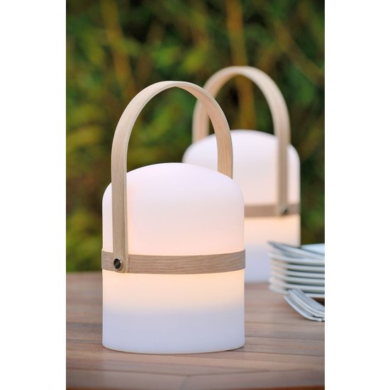 Handliche Frühlings- und Sommer-Außentischlampe in Weiß mit Naturholz