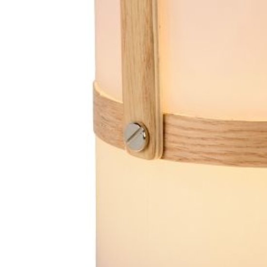 Handliche Frühlings- und Sommer-Außentischlampe in Weiß mit Naturholz