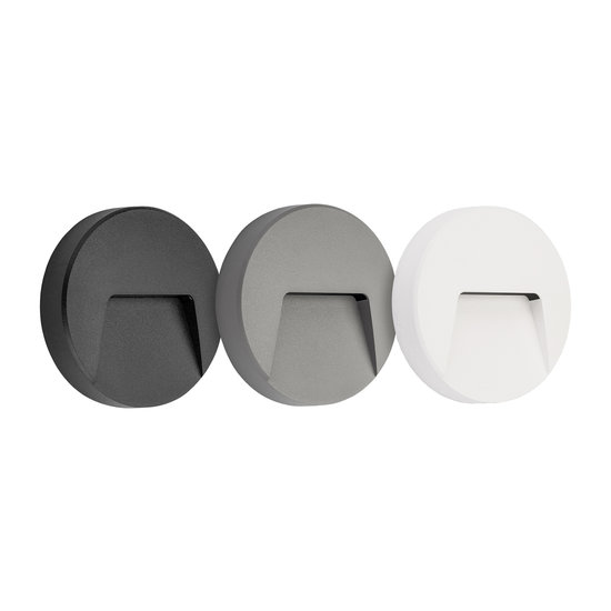 Fantasia SIBO LED buitenwandlamp, rond model 135mm, IP65, 2,8W / 310 lumen, 3000K warm wit, cover in zwart, wit of grijs