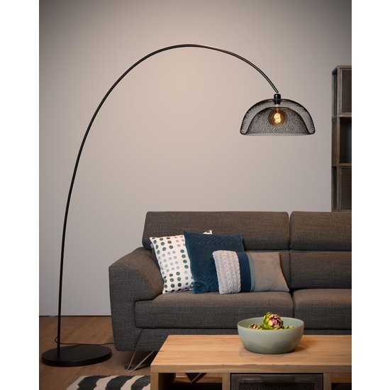 Magnifique lampadaire noir incurvé avec cage métallique E27