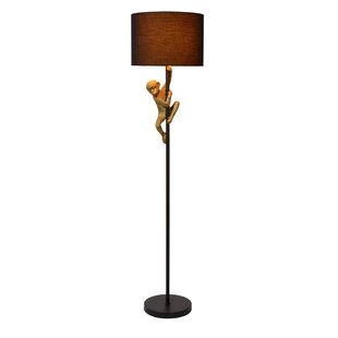 Lampe sur pied noire avec abat-jour noir et singe grimpeur E27