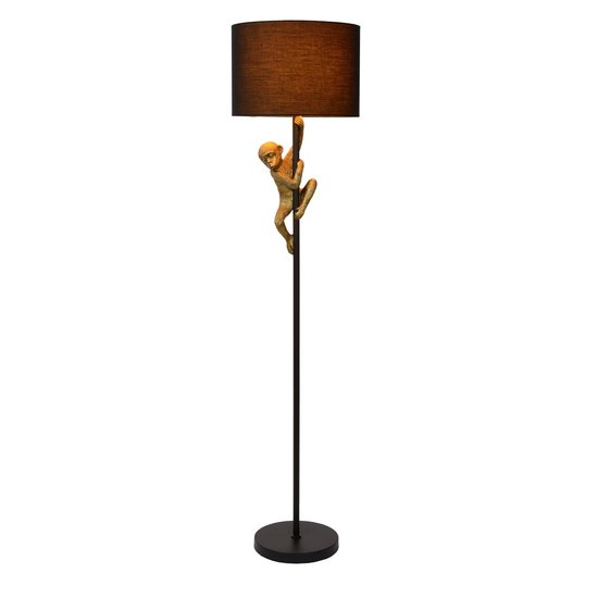 Lampe sur pied noire avec abat-jour noir et singe grimpeur E27